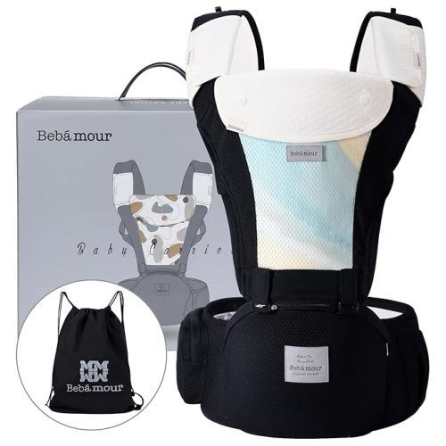 Bebamour Baby Carrier Newborn to Toddler-Baby Hip Carrier Front and Back Carry with Head Hood & 3 Pieces Teething Pads& WAIST Extenders & STORAGE BAG (New Black)