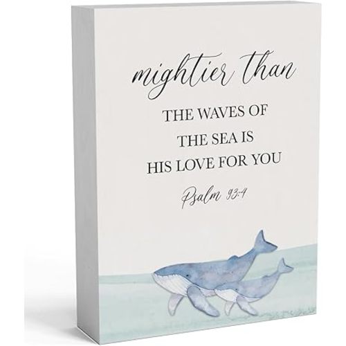 Motivational Bible Verse Wooden Box Sign 6 X 8 Inch, Mightier Than the Waves of the Sea Christian Wood Box Sign Art Desk Decor Rustic Plaque for Wall Shelf Tabletop Decoration Home Nursery