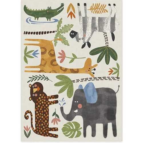 Ruggable Washable 5x7 Area Rug, Animal Safari Multicolor, Premium Rugs for Kids Area, Living Room, Bedroom, Kitchen, and Office with Gripper Non Slip Pad
