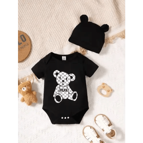 Newborn Baby Bear Print Bodysuit & Accessory Hat | SHEIN USA
