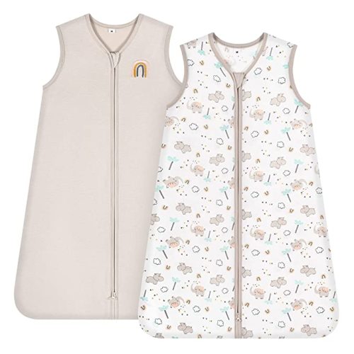 TILLYOU Sleep Sack 2 Pack - Baby Wearable Blanket with 2-Way Zipper, Extra Soft Cotton Sleeveless Sleeping Bag for Infants, 0-6 Months, Happy Forest & Nude