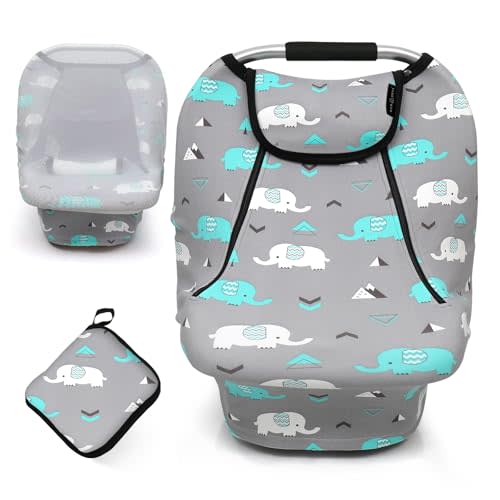 ACRABROS Car Seat Covers for Babies,All Season Infant Carseat Cover Canopy for Boys and Girls,Stretchy Adjustable Peeping Window with Mesh Cover,Warm Breathable Universal, Baby Elephant