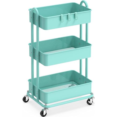 Simple Houseware 3-Tier Heavy Duty Metal Utility Rolling Cart, Turquoise