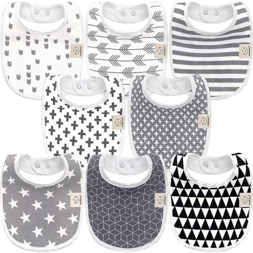 8-Pack Organic Baby Bibs for Girls & Boys - Teething Baby Bibs for Boy, Girl - Newborn Bibs for Baby Girl, Boy - Grayscale