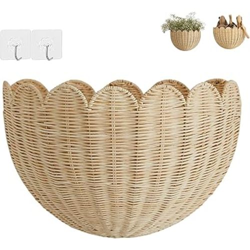 Scalloped Wall Basket, Natural Indonesian Rattan Handwoven Nordic Style Storage Organizer with Sturdy Metal Frame for Living Room, Study, Nursery Decor