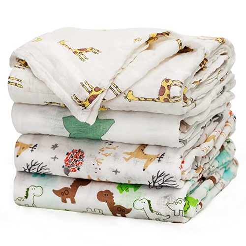 upsimples Baby Swaddle Blanket Unisex Swaddle Wrap Soft Silky Bamboo Muslin Swaddle Blankets Neutral Receiving Blanket for Boys and Girls, 47 x 47 inches, Set of 4 - Fox/Elephant/Giraffe/Dinosaur - Green White