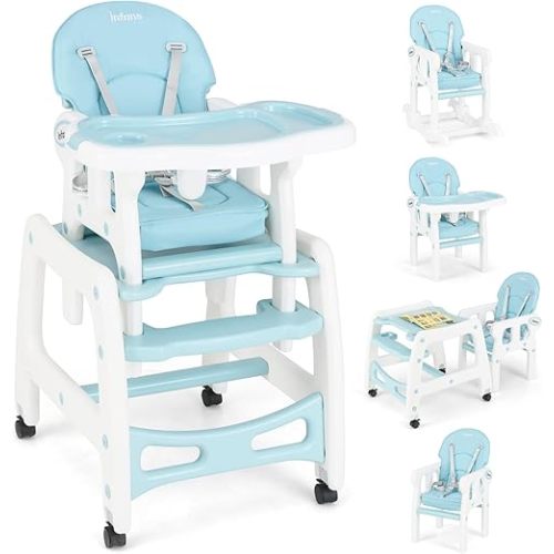INFANS 5 in 1 Baby High Chair, Convertible Toddler Table Chair Set, Rocking Chair, Multi-Function Seat with Lockable Universal Wheels, Adjustable Seat Back, Removable Trays (Blue)