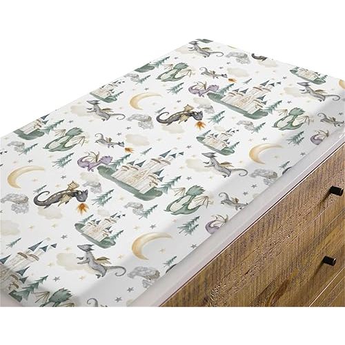 Baby Boy Girl Changing Pad Covers Dragon Tale Castle, Watercolor Green Moon Clouds Stars Tree Safe Snug Fitted Diaper Table Sheet, Soft Breathable Stretchy Change Mat Fit 32 34 x 16