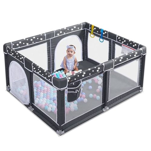 ANGELBLISS Baby Playpen, Large Baby Playard, Play Pens for Babies and Toddlers with Gate, Indoor & Outdoor Play Area for Infants, Kids Safety Play Yard with Star Print (Dark Grey, 50"×50") - Small (50×50in)