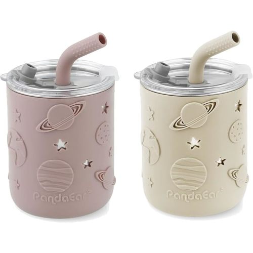 PandaEar 2 Pack Stainless Steel Toddler Cups with Lids & Silicone Sleeves | 8.8 oz Spill Proof Sippy Cups with Straw Stopper & Teething-Friendly Straws for Kids & Babies (Beige & Khaki)