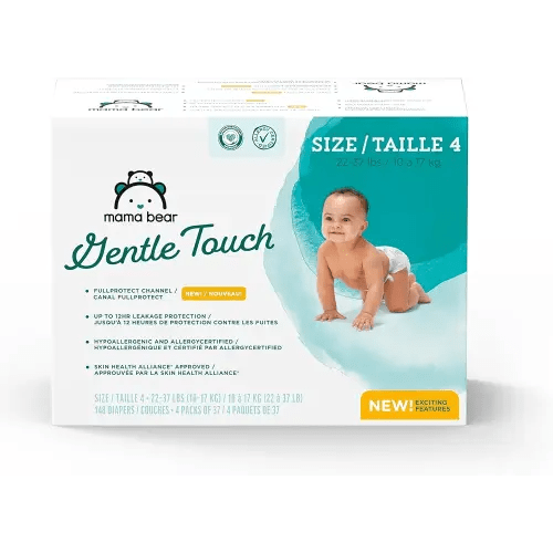 Amazon Brand - Mama Bear Gentle Touch Diapers, Hypoallergenic, Size 4, 148 Count, 4 Packs of 37, White