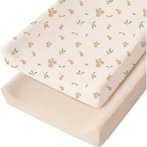 Konssy 2 Pack Muslin Changing Pad Cover for Baby Girls Boys 100% Cotton Fitted Diaper Changing Table Cover Set, Soft Changing Pad Sheets (Pear,Cream)