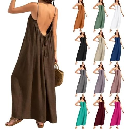 Backless Cami Dresses for Women Cami Lounge Dress Backless Sleeveless House Dress Long Sundress with Back Tie