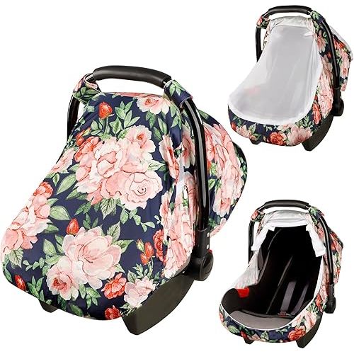 SWESEN Baby Car Seat Cover, Floral Car Seat Covers Canopy for Newborn, Soft Infant Carrier Covers with Breathable Mesh Window, Privacy Sun Shade for Summer.