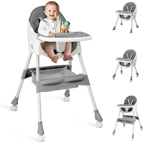 Ktaxon Foldable Baby High Chair, 2-in-1 Portable Convertible Highchair with 5-Point Safety Harness, Easy to Clean Tray and Storage Bag for Toddlers & Babies, Grey
