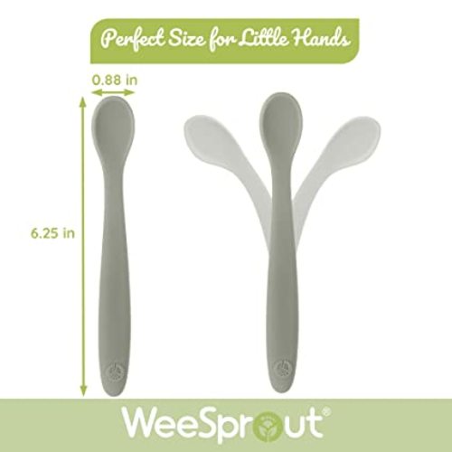 WeeSprout Silicone Baby Spoons - First Stage Infant Feeding Spoons With Soft-Tip, Bendable Baby Utensils for Parent & Self-Feeding, Ultra-Durable & Chewproof, Dishwasher Safe, Set of 3 - Matte Dark Grey,Blue,Green