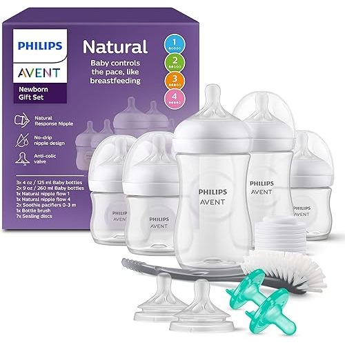 Philips Avent Natural Response Baby Gift Set - 3X 4oz Bottles with Slow Flow Nipple (Level 2), 2X 9oz Bottles with Medium Flow Nipple (Level 3), 2 Extra Nipples, 2X Soothie Pacifiers 0-3m, SCD838/02