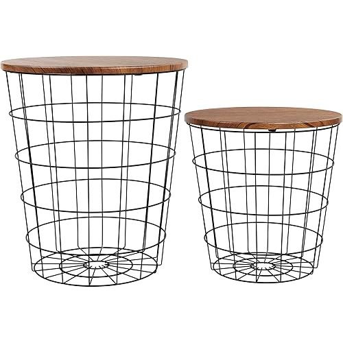 7Penn Nesting Side Tables Wire Basket Table with Lid 2pc Set - Round End Table with Storage Basket Small and Large Sizes