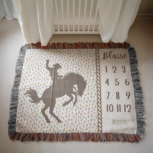 Personalized Western Baby Blanket, Cowboy Name Blanket For Boys, Baby Shower Gift,Horse Nursery Decor, Woven Milestone Keepsake
