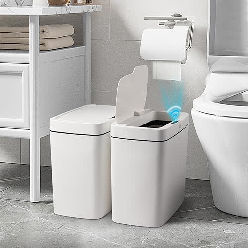 Bathroom Trash Can with Lid 2 Pack 3.9 Gallon Touchless Automatic Garbage Can Slim Motion Sensor Waterproof Plastic Trash Bins for Bedroom, Bathroom, Kitchen, Office, White 10.2"x7.3"x12"
