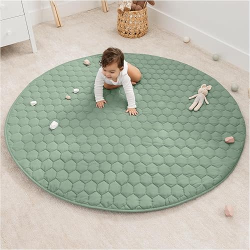 Comfy Cubs Round Kids Play Mat - Large 60 inches Soft Quilted Baby Floor Mat with Non-Slip Bottom - Plush Design for Toddlers' Playtime and Relaxation - Comfortable and Durable - Sage