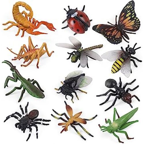 SIENON Realistic Insect Toys Figures-12Pcs Large Plastic Bugs Figurines Set with Ladybug Bee Butterfly Ant Cricket Mantis Scorpion Spider-School Project Halloween Insect Theme Birthday Party Favors