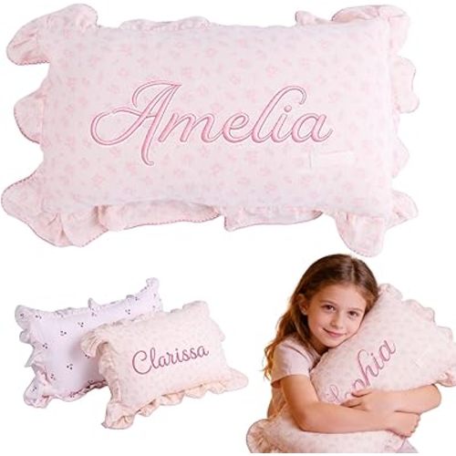 Personalized Embroidered Muslin Toddler Pillowcase with Name, Custom 100% Cotton Ruffle Edge Baby Pillows Cover, Monogram Soft Pillow Case 12"x20" with Envelope Closure Gifts for Kids Boy Girls