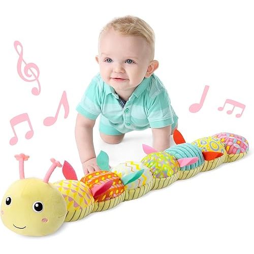 LIGHTDESIRE Baby Toys Musical Caterpillar,Infant Toys Stuffed Animal Toys with Ruler Design and Ring Bell,Baby Teething Toys for Tummy Time Newborn Boys Girls 0 3 6 12 Months(Yellow)