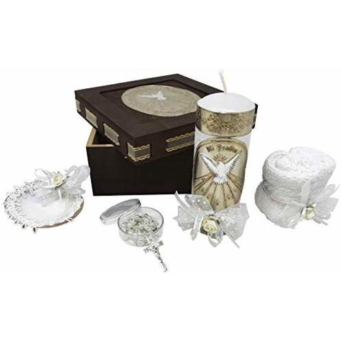 Catholic Baptism Kit in a Wooden Box with Towel, Candle, Rosary and Shell for Baby Boys and Girls. Handmade in Mexico Gift for Godparents. Holy Spirit Baptism Candle Set. Kit de Bautizo.