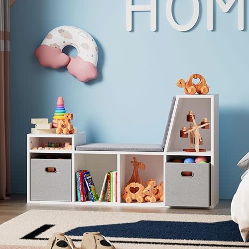 Reading Nook for Kids with 6-Cubby Kids Bookcase and Soft Cushion,Multi-Purpose Storage Organizer for Playroom,Bedroom,Living Room,White and Grey