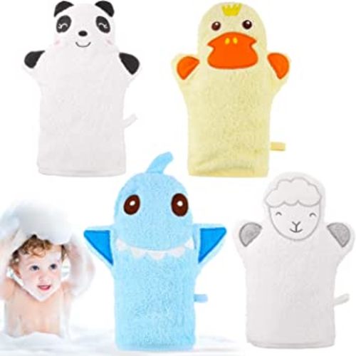 4 Pieces Baby Bath Mitt Washcloths Gloves Designed in Nice Cute Animal Style Yellow Duck Shark Panda Sheep Cotton Towel Gentle Scrub for Baby Toddler Kids Bath and Shower