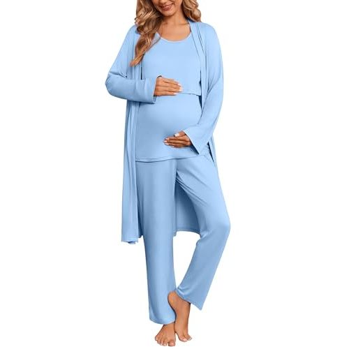 Ekouaer Nursing Pajamas Maternity Robe Set 3 Pieces Postpartum Maternity Pajama Set Pregnancy Breastfeeding Pj