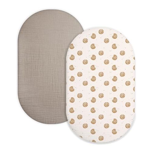 Bassinet Sheet for Baby Boy and Girl 2 Pack, Fitted Sheets for Rectangle, Oval, Hourglass Bassinet Mattress, Muslin Moses Basket Sheets with Neutral Style(Cookie & Light Khaki)