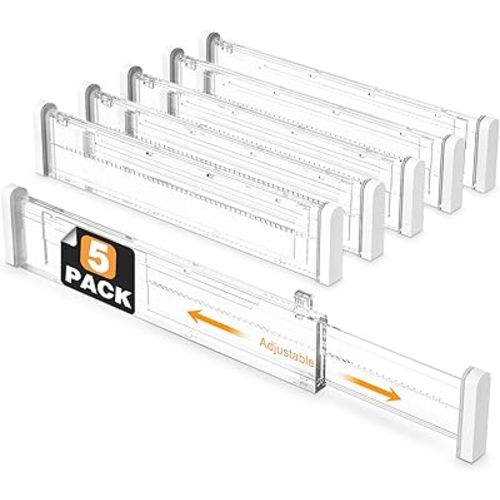 HiYZ Adjustable Drawer Dividers - Expandable 12.6''-22.8'' Kitchen Drawer Organizers Separators for Utensils, Tools, Clothing, Socks, Dresser, Easy Assemble, Secure Fit - 5 Long Dividers