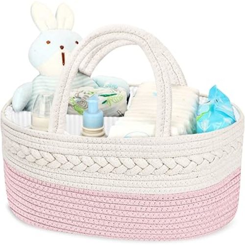 Maliton Diaper Caddy for Baby Girl-Cotton Rope Diaper Caddy, Diaper Organizer for Changing Table, Portable Baby Basket for Storage Baby Stuff, Newborn Registry Must Have Items