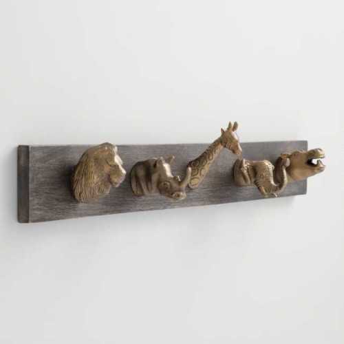 Antique Brass and Wood Safari Animal Wall Rack
