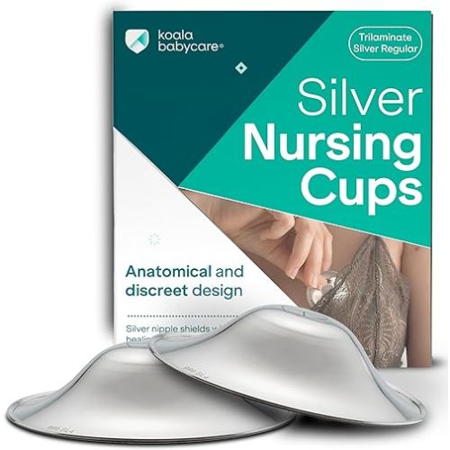 Koala Babycare The Original Silver Nursing Cups - Nipple Shields for Breastfeeding Newborn - Breastfeeding Essentials - Protect and Soothe - Tri-Laminate Silver - Standard Size