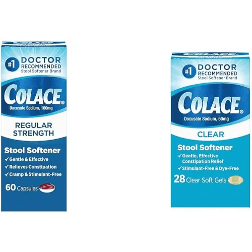 Colace Regular Strength Stool Softener 100 mg Capsules 60 Count Docusate Sodium Stool Softener & Clear Stool Softener Soft Gel Capsules Constipation Relief 50mg Docusate Sodium 28ct