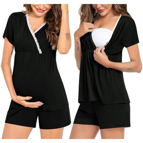 SWOMOG Maternity Nursing Pajamas Set 2 PCS Breastfeeding Sleepwear Short Sleeve Top & Shorts Pregnancy Pjs Postpartum Set