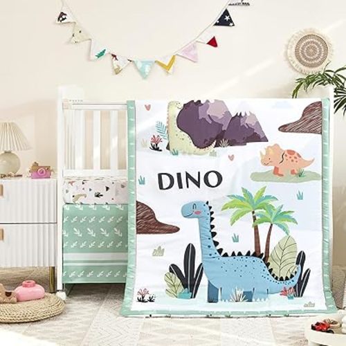 3-Piece Crib Sets for Boys - Ultra Soft Baby Boy Crib Bedding Set Includes Crib Comforter, Sheet & Skirt (Dinosaur)