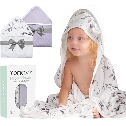Momcozy Hooded Baby Towel, 2 Pack Bamboo Cotton Bath Towel with Hooded, Large 36 X 36 Inch, Baby Towel Set for Boy or Girl,Infant and Kid, Ink Wash Leaves - Toddler Bath Towel ( 36 X 36 Inch )