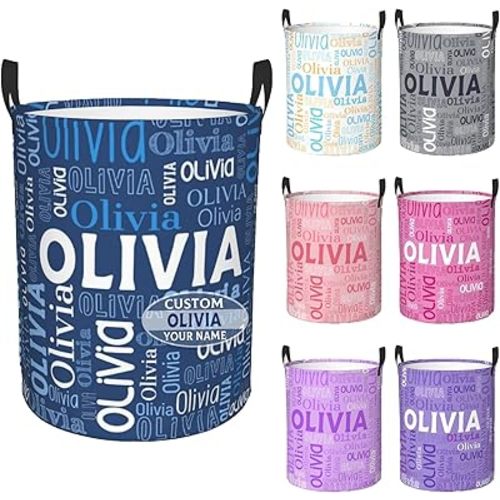 Custom Name Laundry Hamper, Personalized Dirty Clothes Hamper Storage Basket with Name for Bathroom Bedrooms, Customized Name Circular Hamper with Handles Gifts for Boys Girls Men Women M Blue