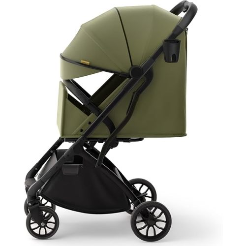 newyoo GlideTow TR18M Compact Travel Stroller for Infant, Lightweight Foldable Baby Stroller with Luggage Handle & Cup Holder, One-Hand Easy Fold, Near Lay Flat Recline Seat, Green