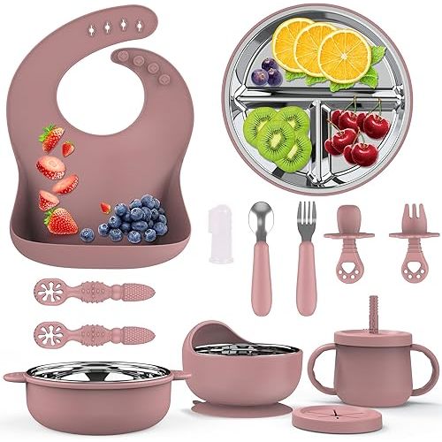13 Pack Silicone Baby Feeding Set, BPA-Free Toddler Feeding Supplies, Include Suction Plates, Baby Bowls, Silicone Fork & Spoon, and More, First Stage Baby Dish Set - 6+ Months
