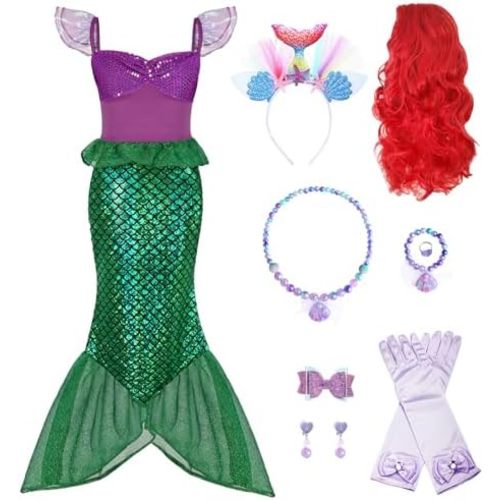Oumbivil Mermaid Princess Dress Ariel Costume for Grils Cosplay Birthday Party Halloween Costumes with Wig,Headband,Necklace