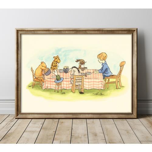 Vintage Winnie the Pooh Fine Art Print, Pooh and Friends Dinner, Vintage Pooh Poster Art for Nursery.
