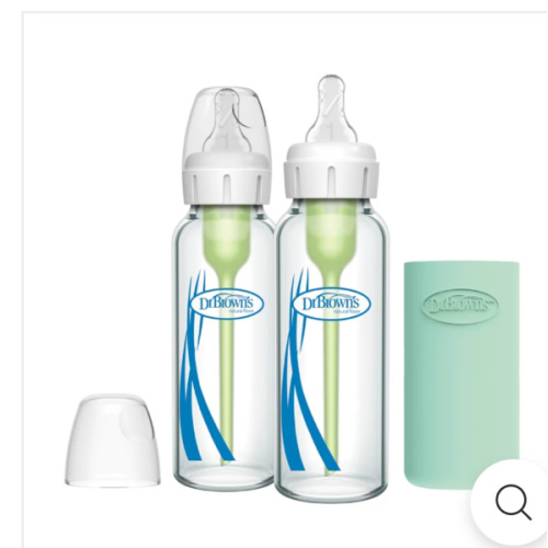 4oz glass; Dr. Brown's Natural Flow Anti-Colic Options+ Narrow Glass Baby Bottle with Silicone Sleeve, 2-Pack