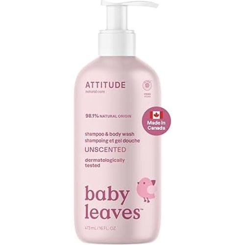 ATTITUDE Baby 2-in-1 Shampoo and Body Wash, Made in Canada, EWG Verified, Dermatologically Tested, Vegan, Unscented, 473 mL