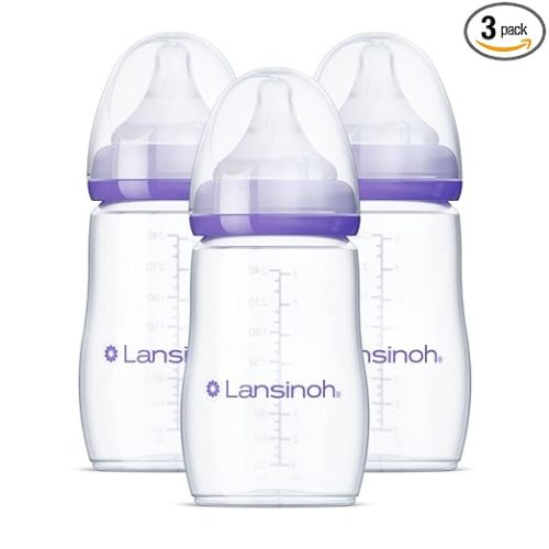 Lansinoh Anti-Colic Baby Bottles, BPA-Free Plastic, 8 Ounces, 3 Count, Medium Flow Nipples (Size M), Breastfeeding Bottle with NaturalWave Design, Baby Essentials