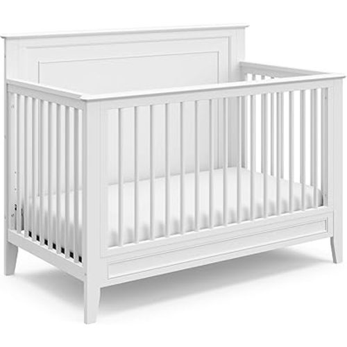 Storkcraft Solstice 5-In-1 Convertible Crib (White) – GREENGUARD Gold Certified, Converts to Toddler Bed and Full-Size Bed, Fits Standard Full-Size Crib Mattress, Adjustable Mattress Support Base